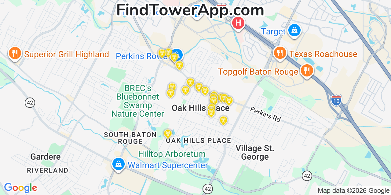 Map showing the 20 primary cell tower locations detected in Oak Hills Place, Louisiana from AT&T, Verizon, and T-Mobile networks