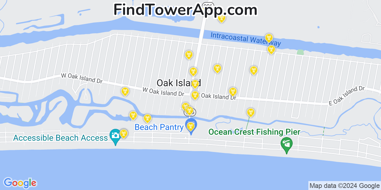 AT&T 4G/5G cell tower coverage map Oak Island, North Carolina