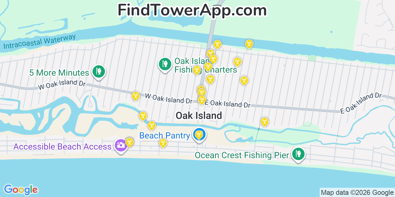 Map showing the 20 primary cell tower locations detected in Oak Island, North Carolina from AT&T, Verizon, and T-Mobile networks