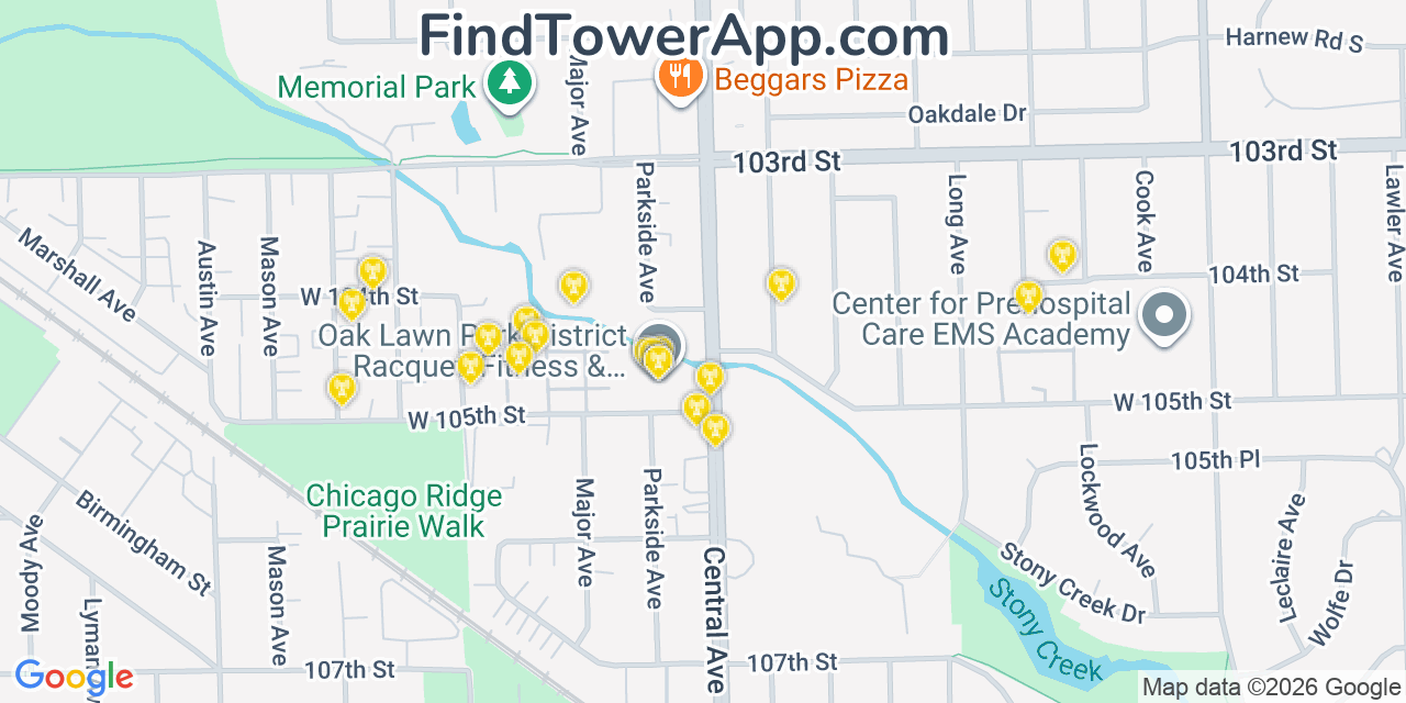 Map showing the 20 primary cell tower locations detected in Oak Lawn, Illinois from AT&T, Verizon, and T-Mobile networks