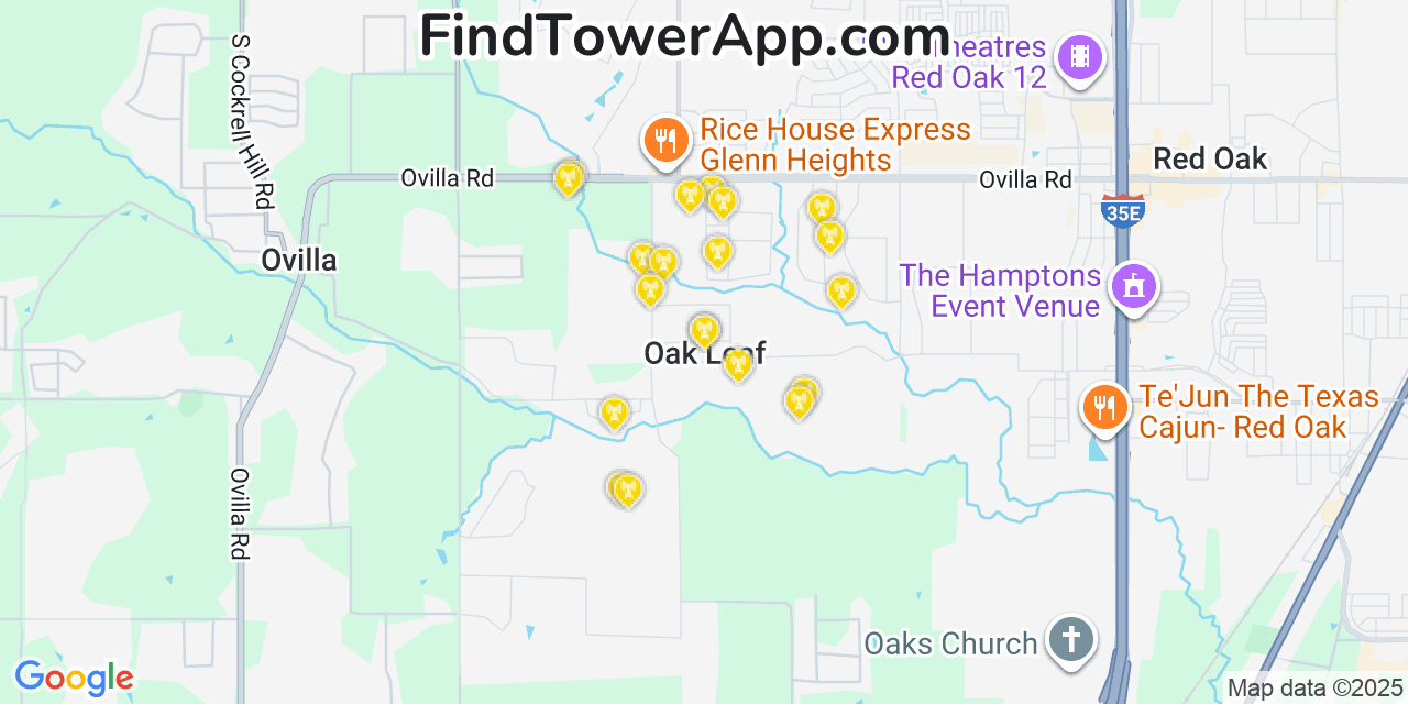 Map showing the 20 primary cell tower locations detected in Oak Leaf, Texas from AT&T, Verizon, and T-Mobile networks