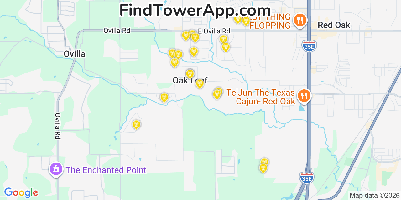 Map showing the 20 primary cell tower locations detected in Oak Leaf, Texas from AT&T, Verizon, and T-Mobile networks
