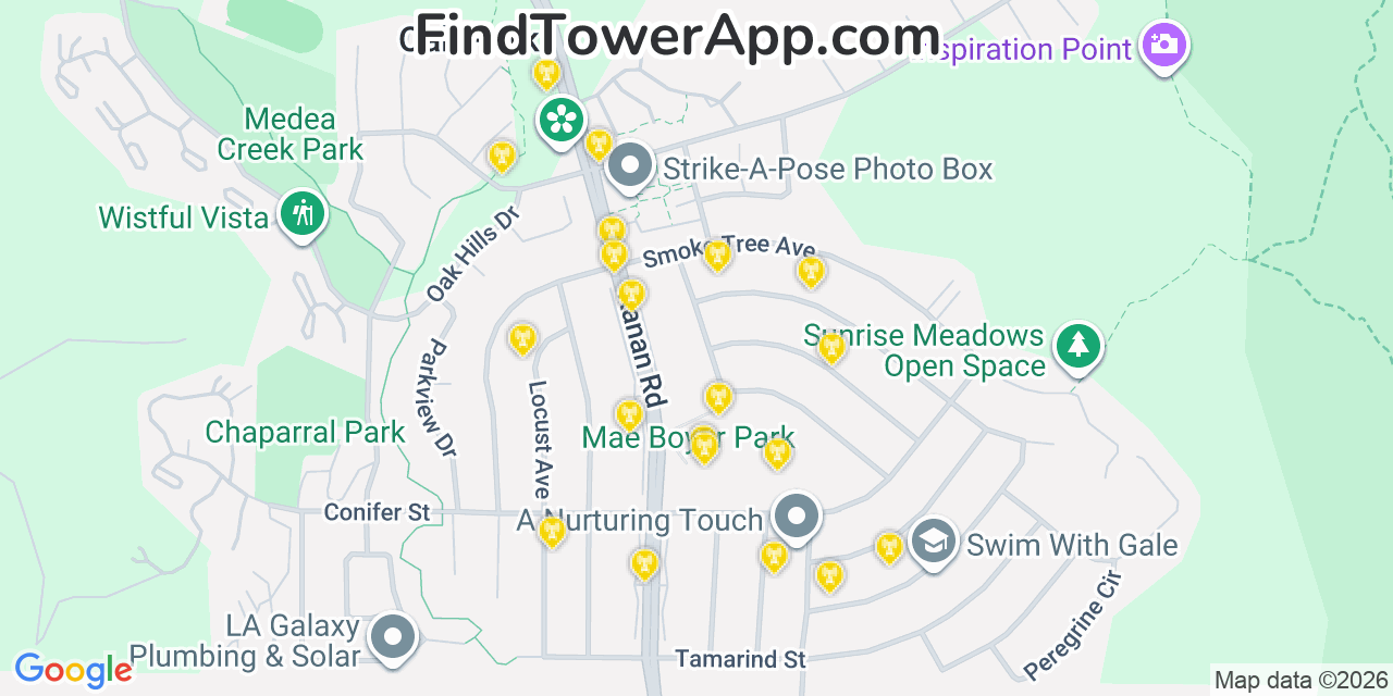Map showing the 20 primary cell tower locations detected in Oak Park, California from AT&T, Verizon, and T-Mobile networks