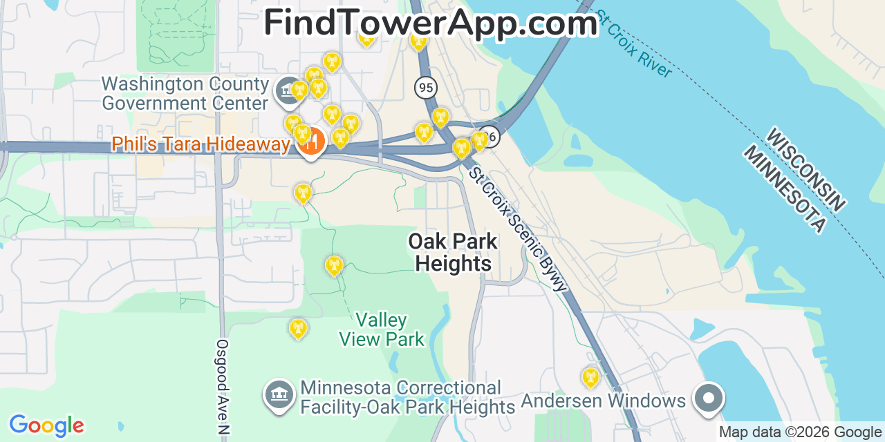Map showing the 20 primary cell tower locations detected in Oak Park Heights, Minnesota from AT&T, Verizon, and T-Mobile networks