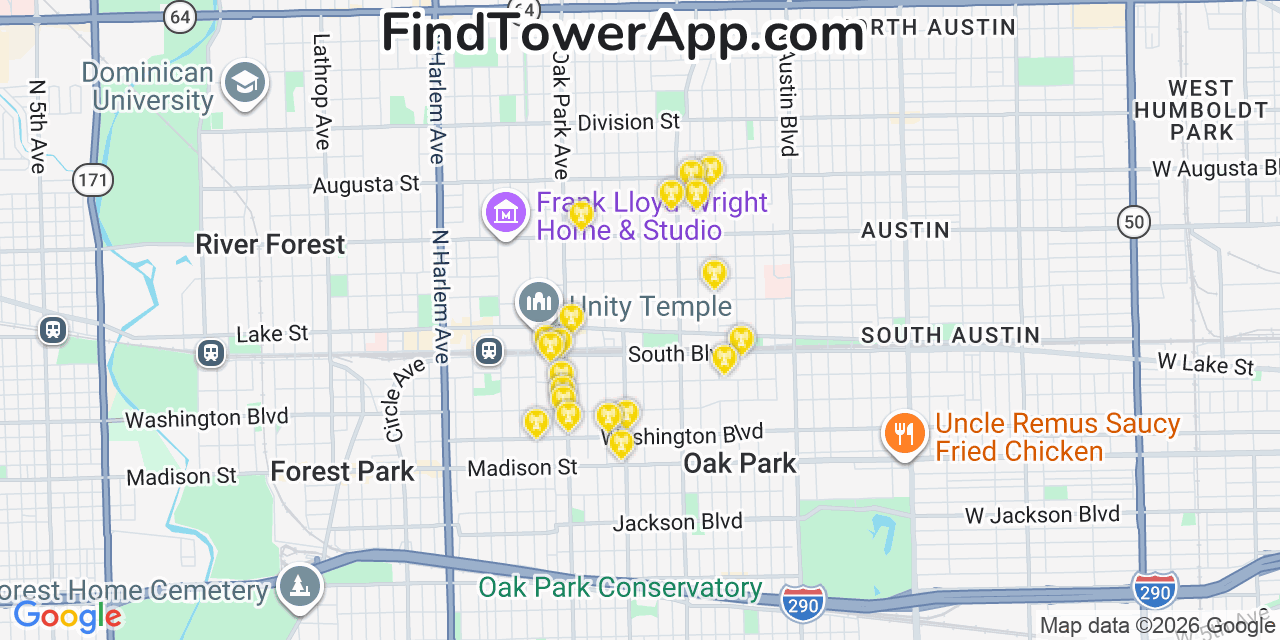 Map showing the 20 primary cell tower locations detected in Oak Park, Illinois from AT&T, Verizon, and T-Mobile networks