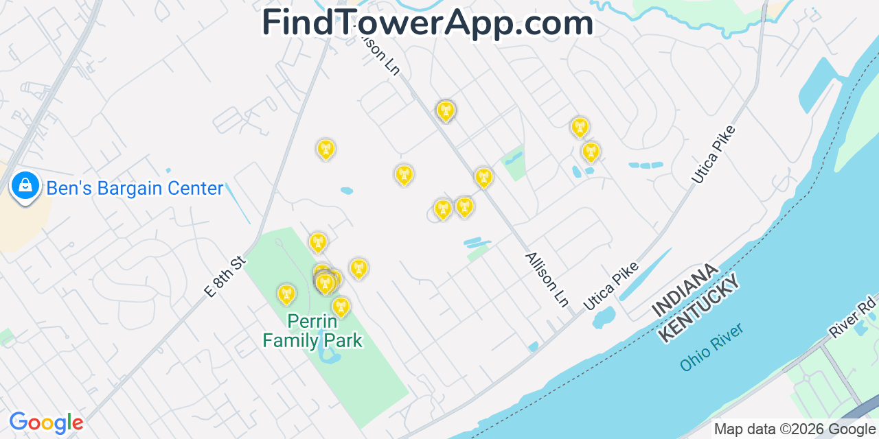 Map showing the 20 primary cell tower locations detected in Oak Park, Indiana from AT&T, Verizon, and T-Mobile networks