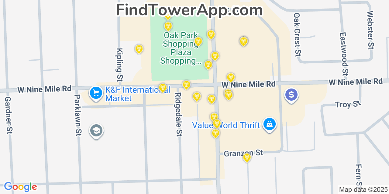 Map showing the 20 primary cell tower locations detected in Oak Park, Michigan from AT&T, Verizon, and T-Mobile networks