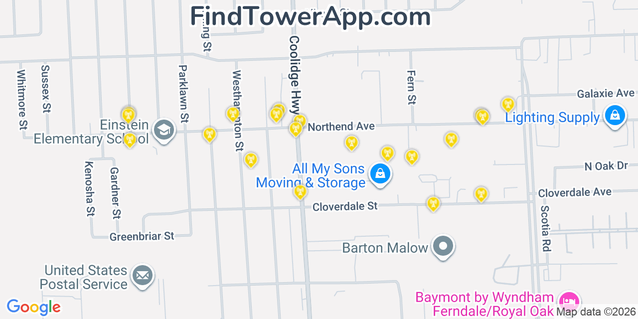 Map showing the 20 primary cell tower locations detected in Oak Park, Michigan from AT&T, Verizon, and T-Mobile networks