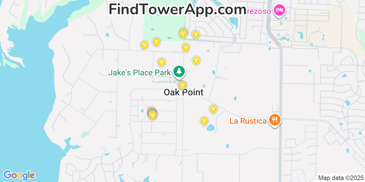 Map showing the 20 primary cell tower locations detected in Oak Point, Texas from AT&T, Verizon, and T-Mobile networks
