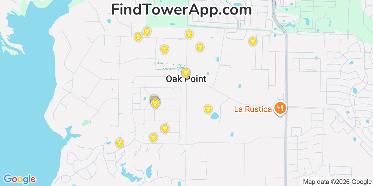 Map showing the 20 primary cell tower locations detected in Oak Point, Texas from AT&T, Verizon, and T-Mobile networks