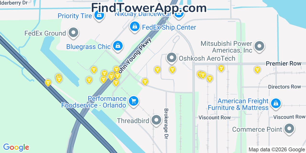 Map showing the 20 primary cell tower locations detected in Oak Ridge, Florida from AT&T, Verizon, and T-Mobile networks