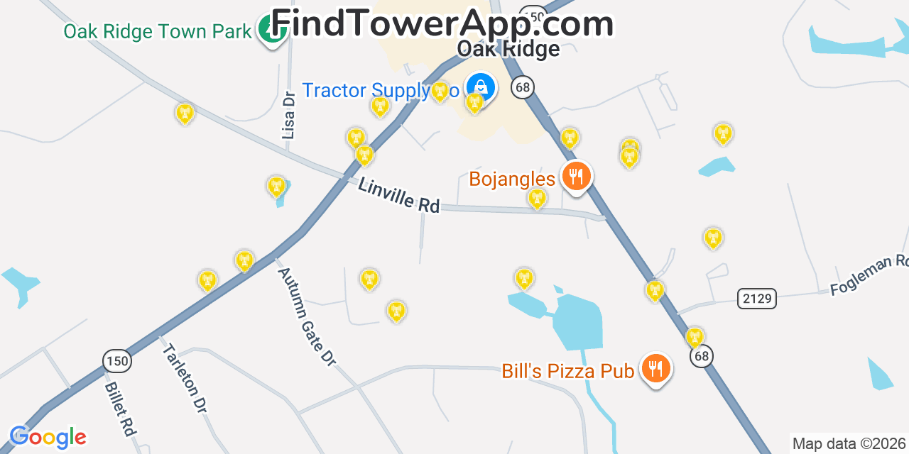 Map showing the 20 primary cell tower locations detected in Oak Ridge, North Carolina from AT&T, Verizon, and T-Mobile networks