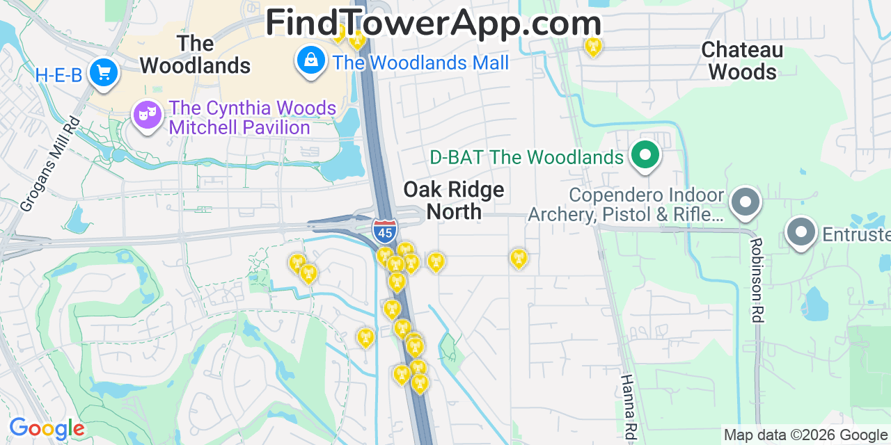 Map showing the 20 primary cell tower locations detected in Oak Ridge North, Texas from AT&T, Verizon, and T-Mobile networks
