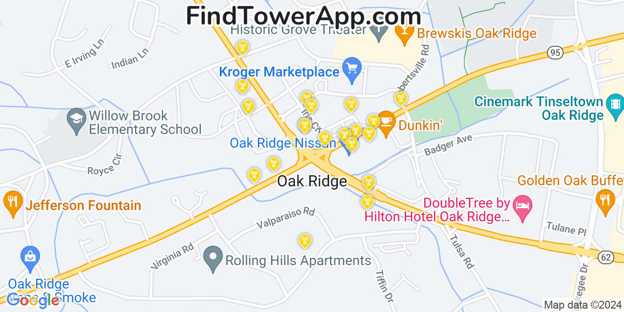 AT&T 4G/5G cell tower coverage map Oak Ridge, Tennessee