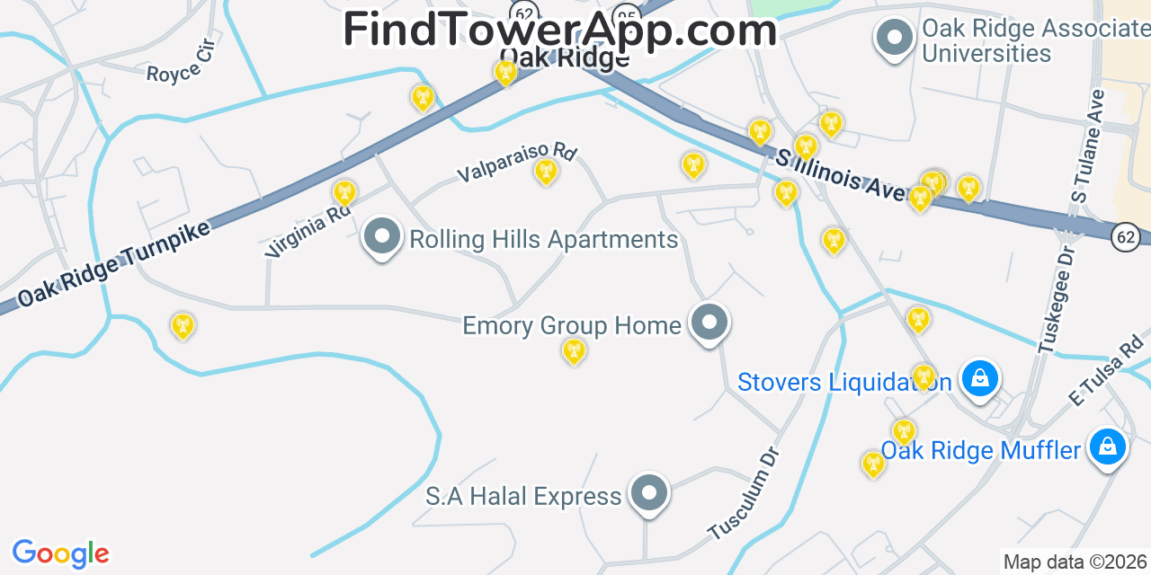 Map showing the 20 primary cell tower locations detected in Oak Ridge, Tennessee from AT&T, Verizon, and T-Mobile networks