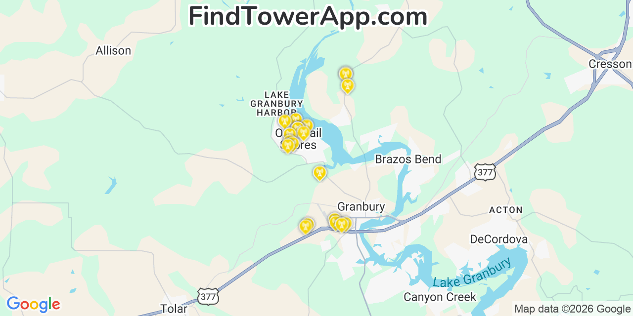 Map showing the 20 primary cell tower locations detected in Oak Trail Shores, Texas from AT&T, Verizon, and T-Mobile networks