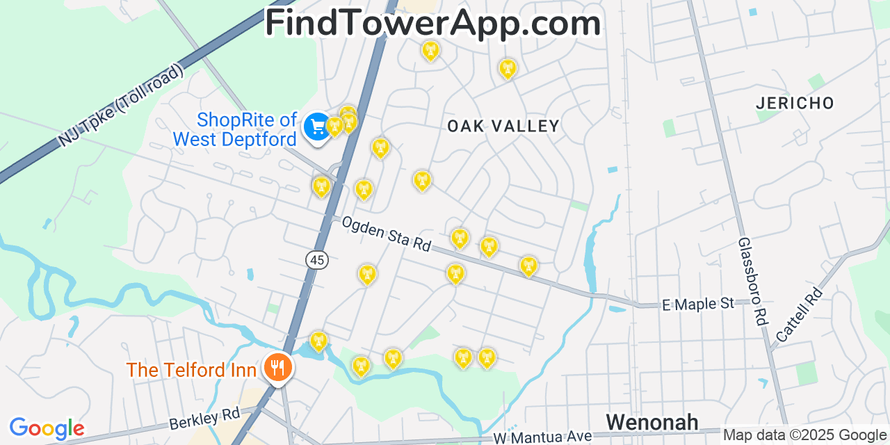 Map showing the 20 primary cell tower locations detected in Oak Valley, New Jersey from AT&T, Verizon, and T-Mobile networks