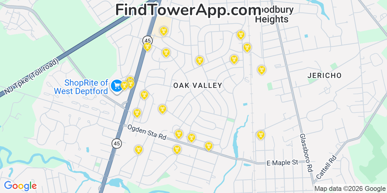 Map showing the 20 primary cell tower locations detected in Oak Valley, New Jersey from AT&T, Verizon, and T-Mobile networks