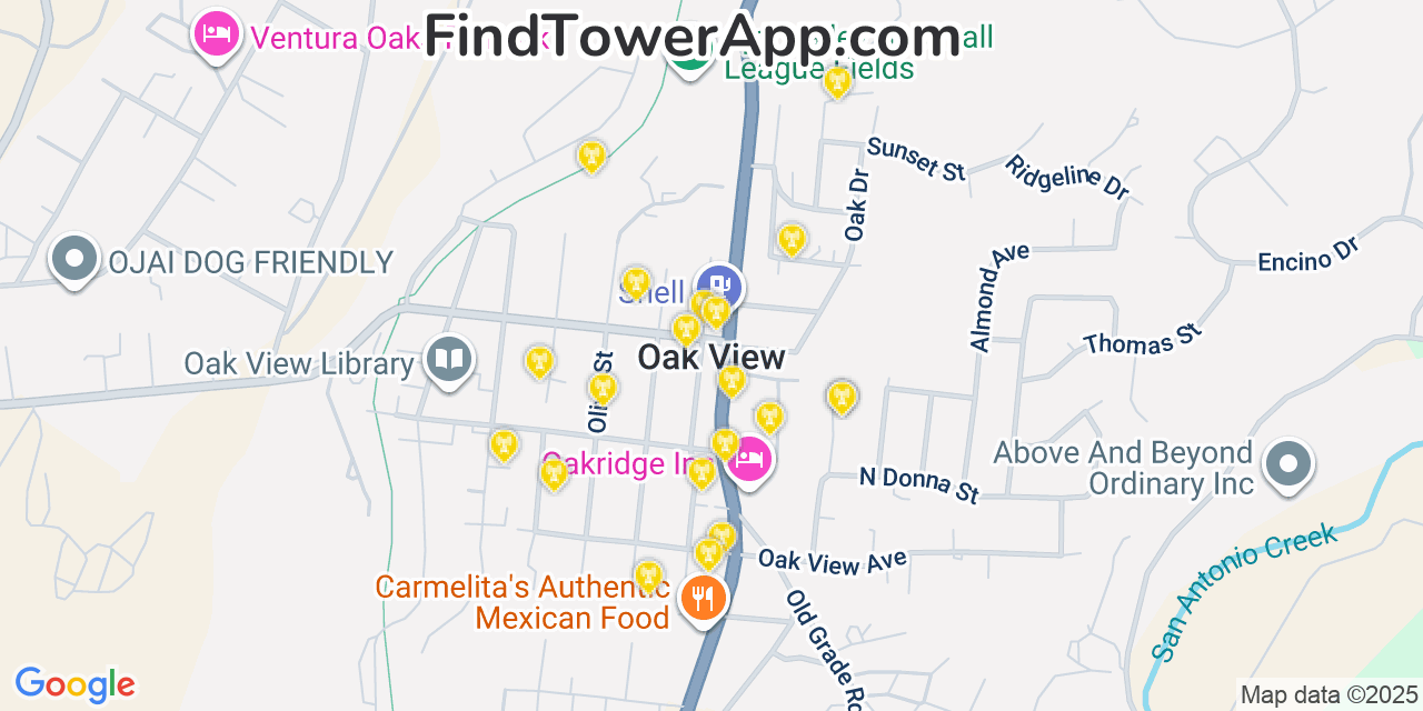 Map showing the 20 primary cell tower locations detected in Oak View, California from AT&T, Verizon, and T-Mobile networks