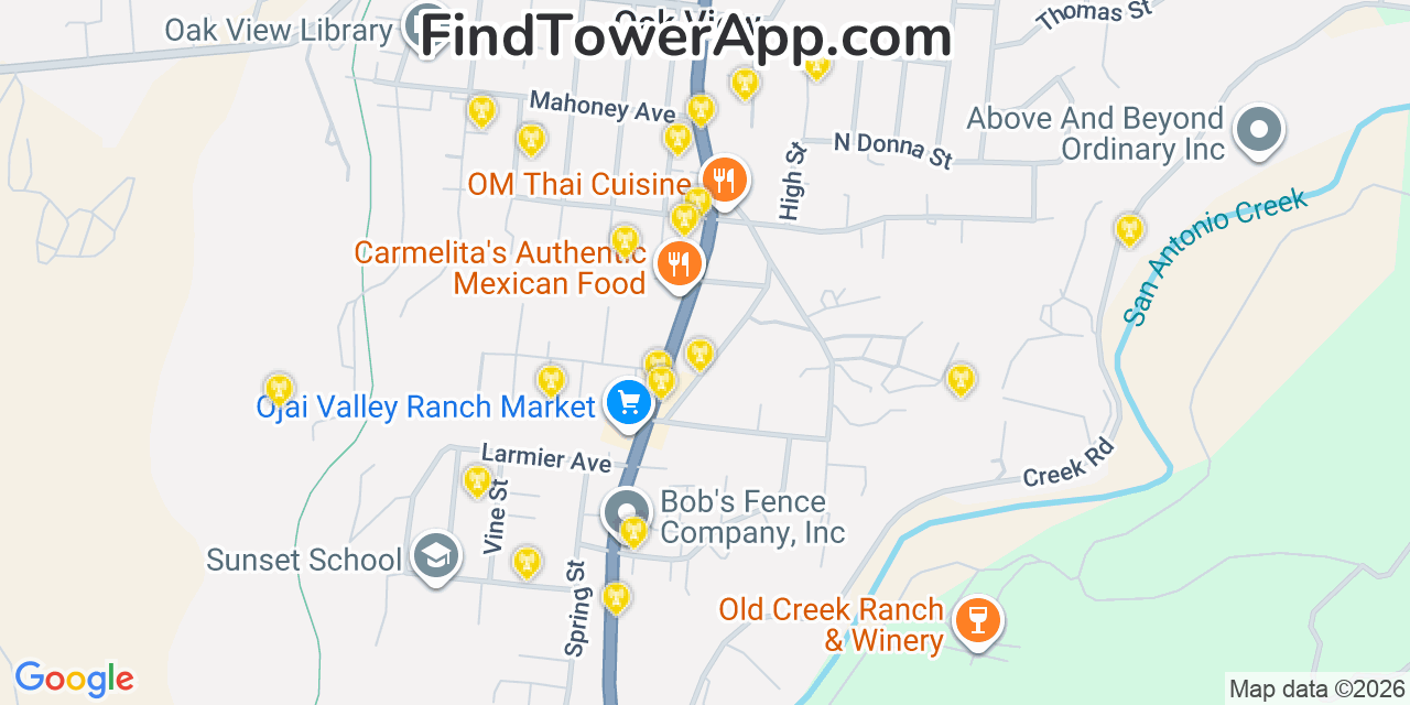 Map showing the 20 primary cell tower locations detected in Oak View, California from AT&T, Verizon, and T-Mobile networks