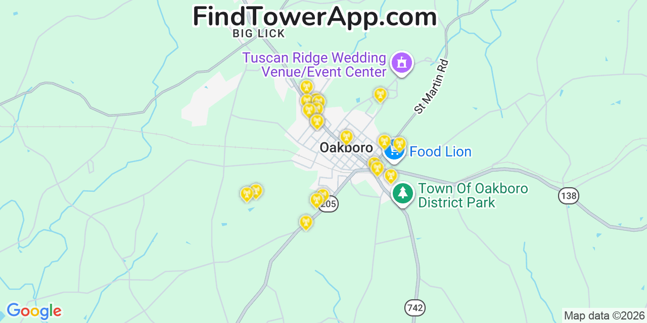 Map showing the 20 primary cell tower locations detected in Oakboro, North Carolina from AT&T, Verizon, and T-Mobile networks