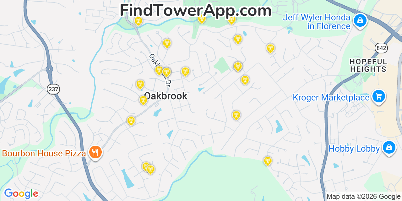 Map showing the 20 primary cell tower locations detected in Oakbrook, Kentucky from AT&T, Verizon, and T-Mobile networks
