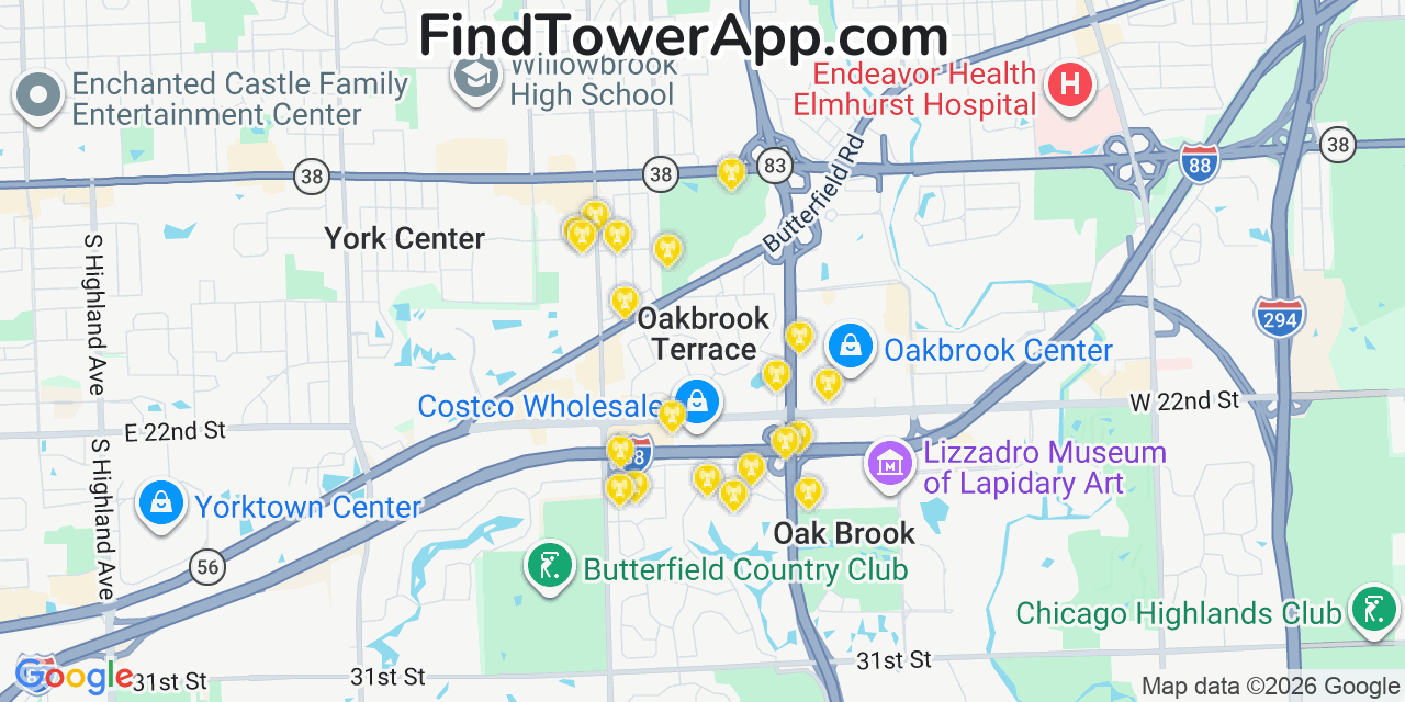 Map showing the 20 primary cell tower locations detected in Oakbrook Terrace, Illinois from AT&T, Verizon, and T-Mobile networks