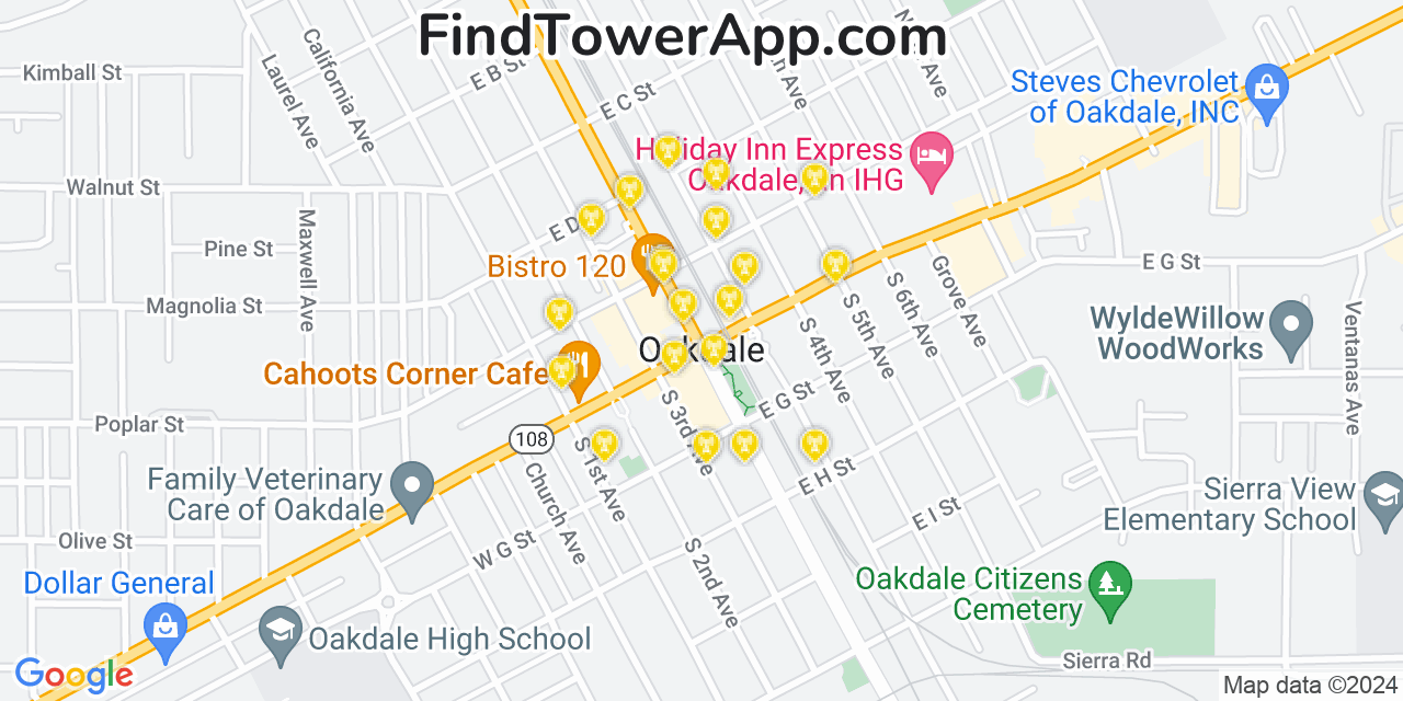 AT&T 4G/5G cell tower coverage map Oakdale, California