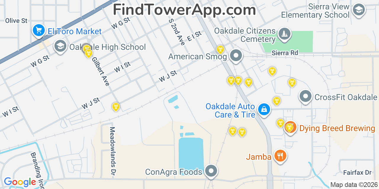 Map showing the 20 primary cell tower locations detected in Oakdale, California from AT&T, Verizon, and T-Mobile networks
