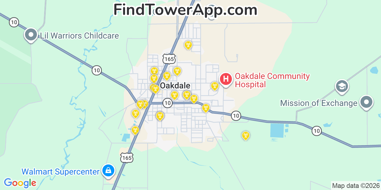 Map showing the 20 primary cell tower locations detected in Oakdale, Louisiana from AT&T, Verizon, and T-Mobile networks
