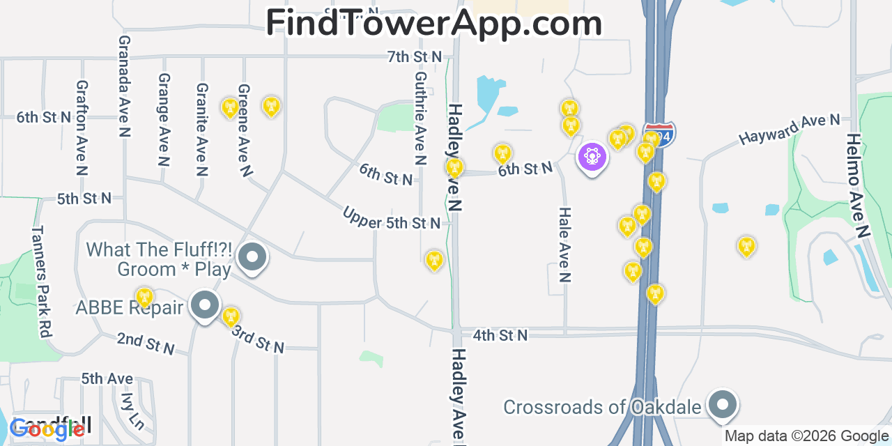 Map showing the 20 primary cell tower locations detected in Oakdale, Minnesota from AT&T, Verizon, and T-Mobile networks