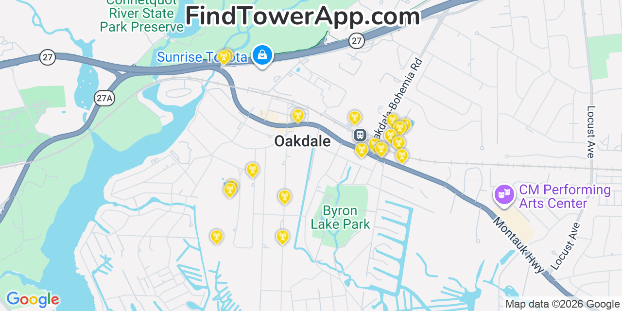 Map showing the 20 primary cell tower locations detected in Oakdale, New York from AT&T, Verizon, and T-Mobile networks