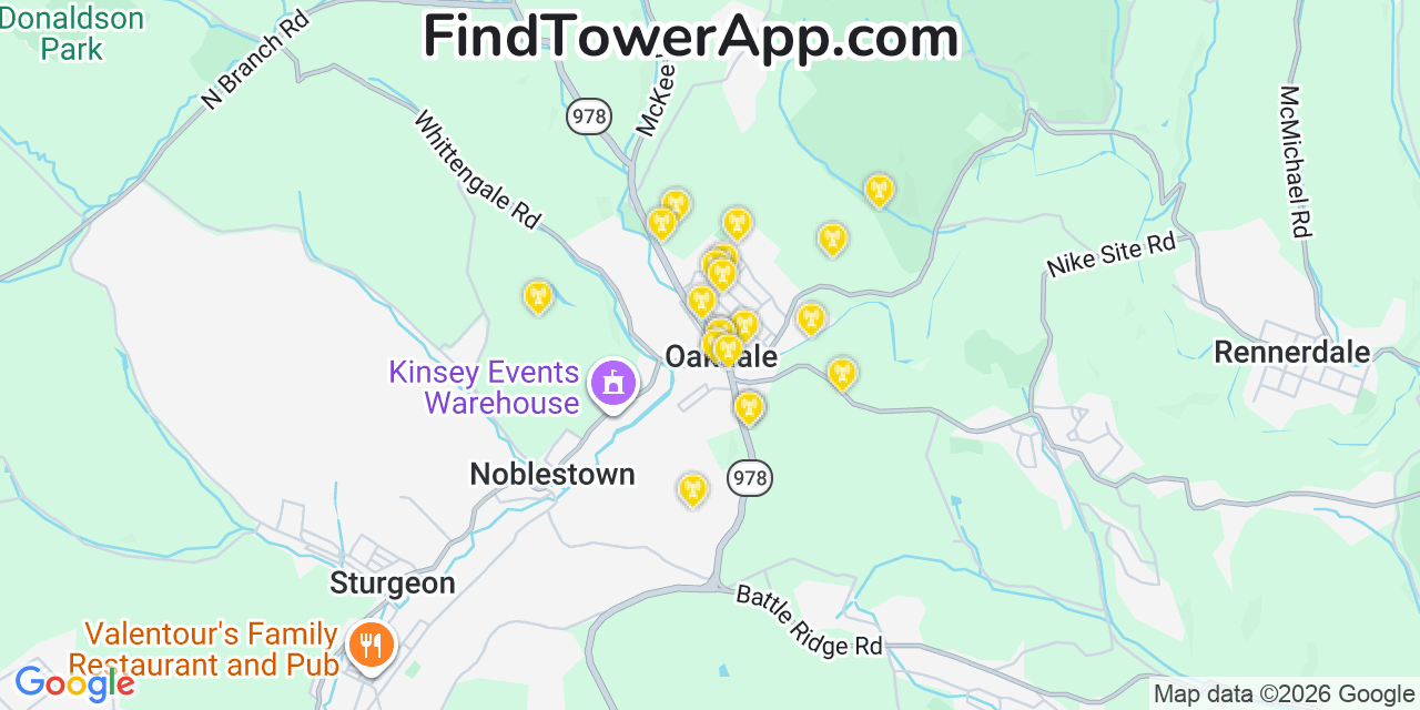 Map showing the 20 primary cell tower locations detected in Oakdale, Pennsylvania from AT&T, Verizon, and T-Mobile networks