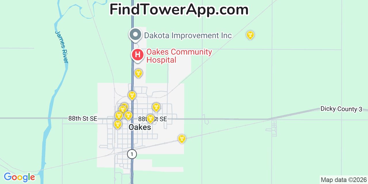 Map showing the 20 primary cell tower locations detected in Oakes, North Dakota from AT&T, Verizon, and T-Mobile networks