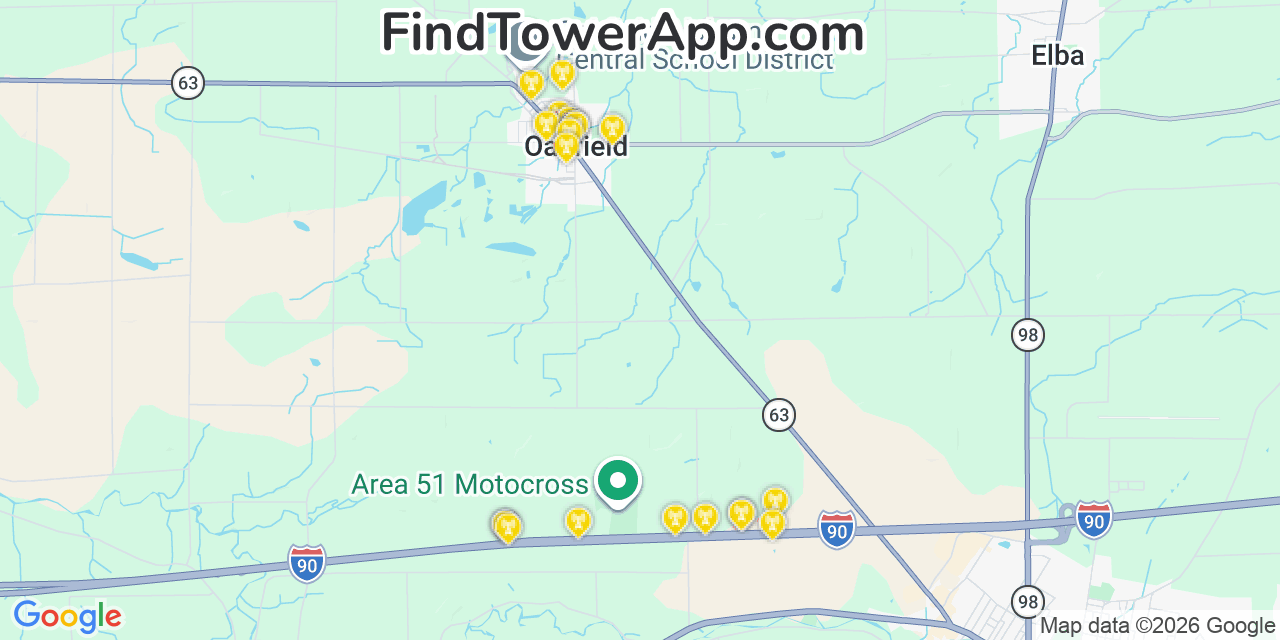 Map showing the 20 primary cell tower locations detected in Oakfield, New York from AT&T, Verizon, and T-Mobile networks