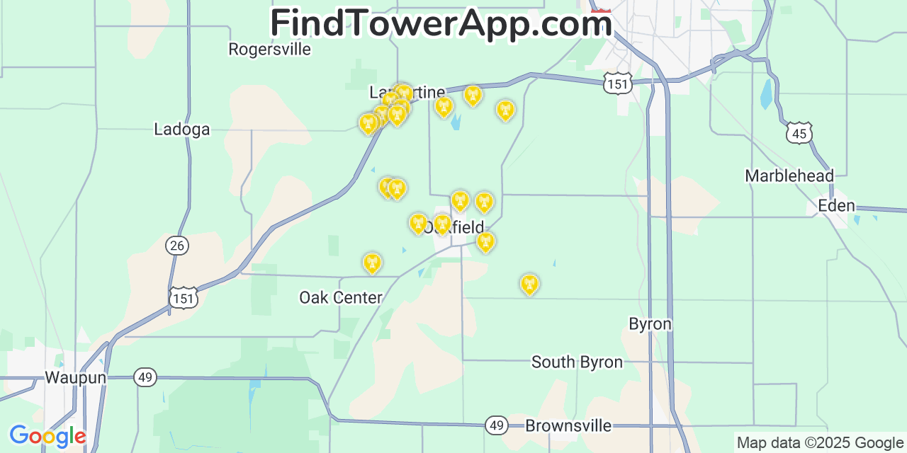 Map showing the 20 primary cell tower locations detected in Oakfield, Wisconsin from AT&T, Verizon, and T-Mobile networks