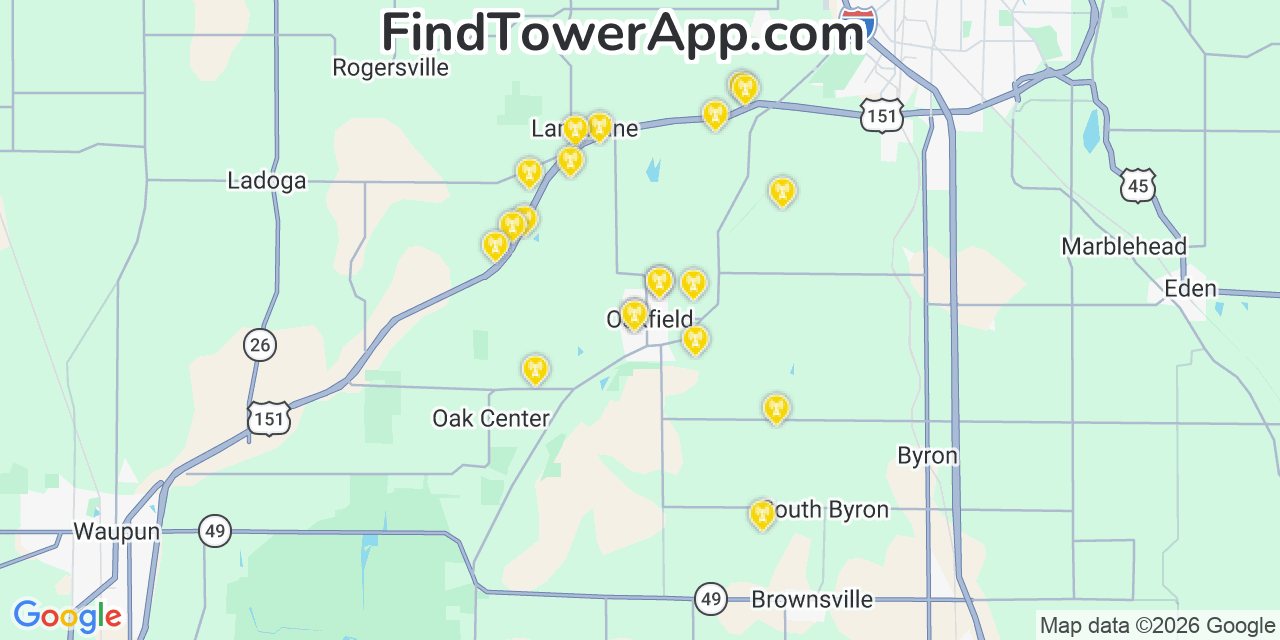 Map showing the 20 primary cell tower locations detected in Oakfield, Wisconsin from AT&T, Verizon, and T-Mobile networks