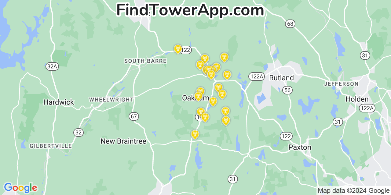 AT&T 4G/5G cell tower coverage map Oakham, Massachusetts