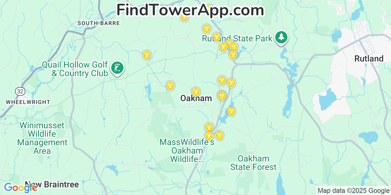 Map showing the 20 primary cell tower locations detected in Oakham, Massachusetts from AT&T, Verizon, and T-Mobile networks
