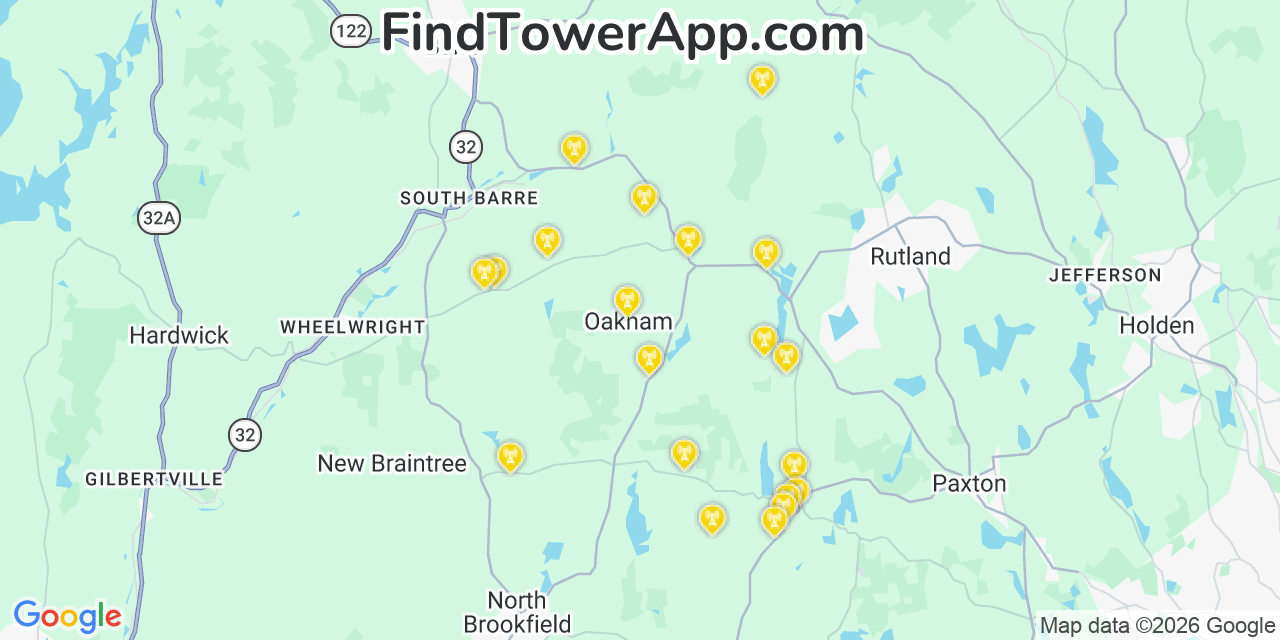 Map showing the 20 primary cell tower locations detected in Oakham, Massachusetts from AT&T, Verizon, and T-Mobile networks