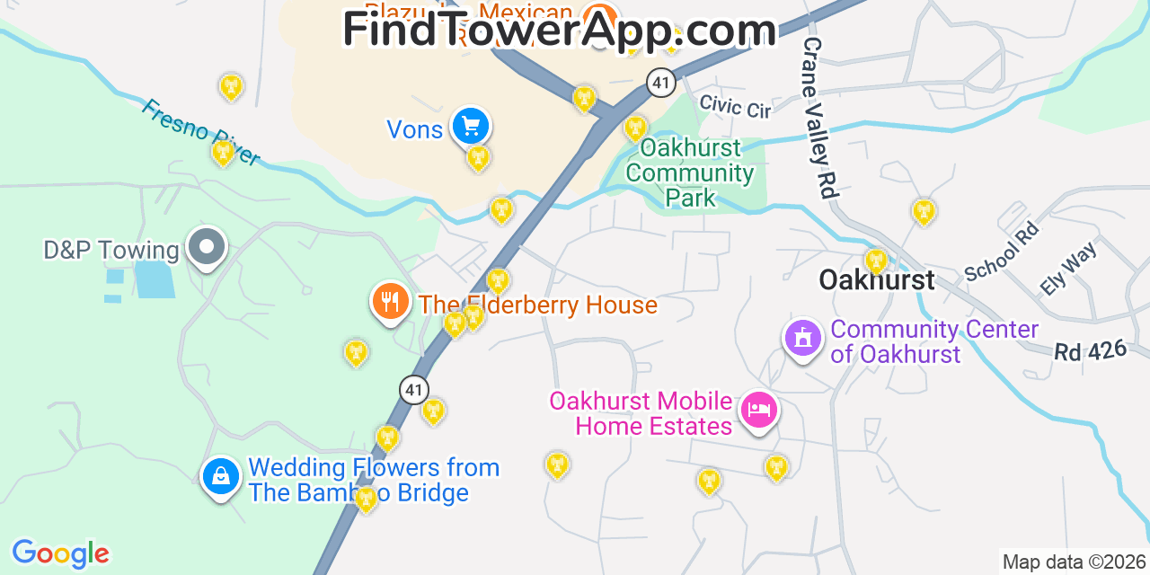 Map showing the 20 primary cell tower locations detected in Oakhurst, California from AT&T, Verizon, and T-Mobile networks