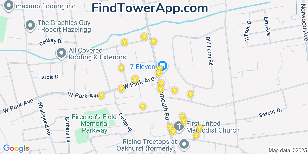 Map showing the 20 primary cell tower locations detected in Oakhurst, New Jersey from AT&T, Verizon, and T-Mobile networks