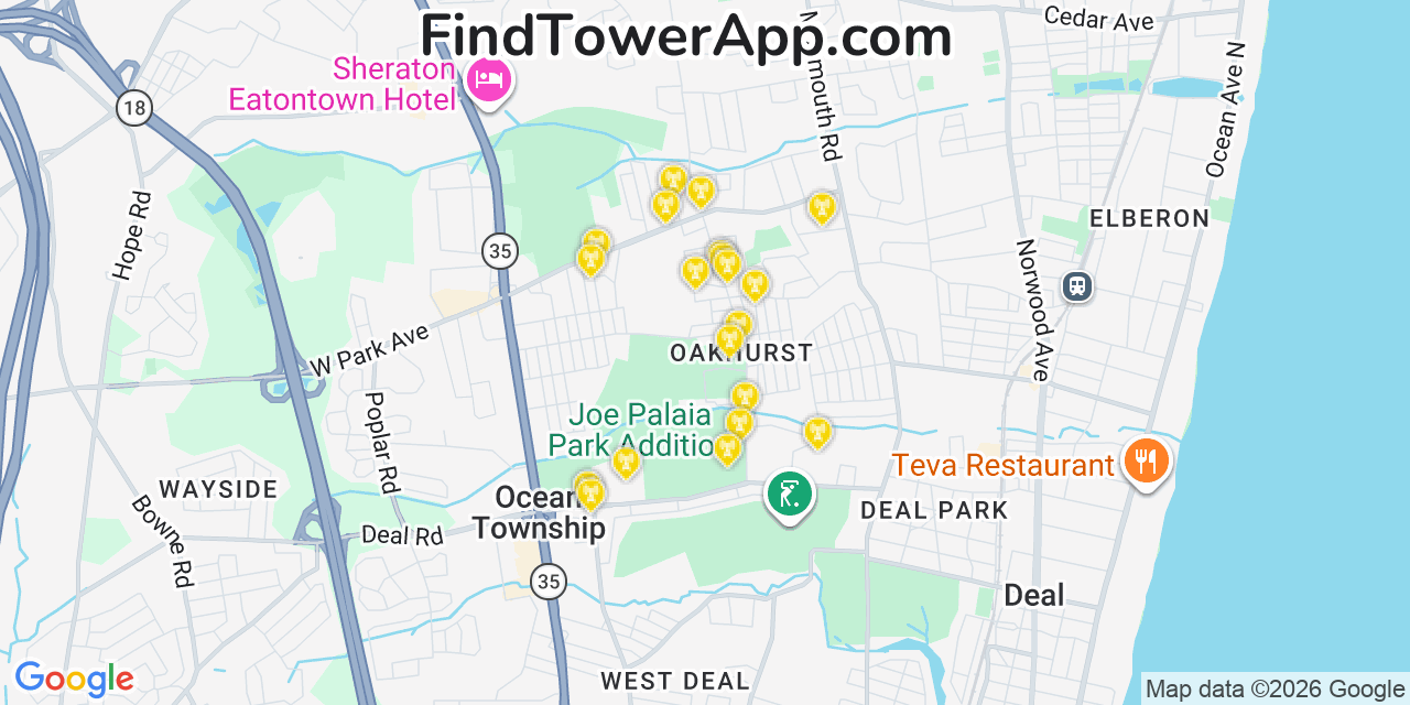 Map showing the 20 primary cell tower locations detected in Oakhurst, New Jersey from AT&T, Verizon, and T-Mobile networks