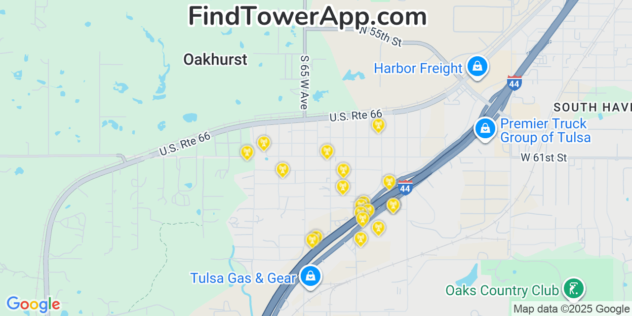 Map showing the 20 primary cell tower locations detected in Oakhurst, Oklahoma from AT&T, Verizon, and T-Mobile networks