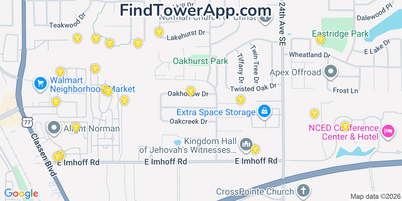 Map showing the 20 primary cell tower locations detected in Oakhurst, Oklahoma from AT&T, Verizon, and T-Mobile networks