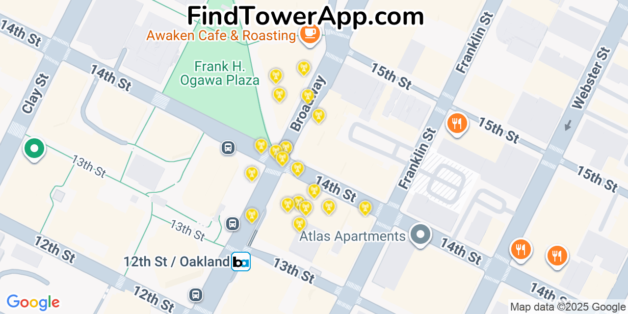 Map showing the 20 primary cell tower locations detected in Oakland, California from AT&T, Verizon, and T-Mobile networks