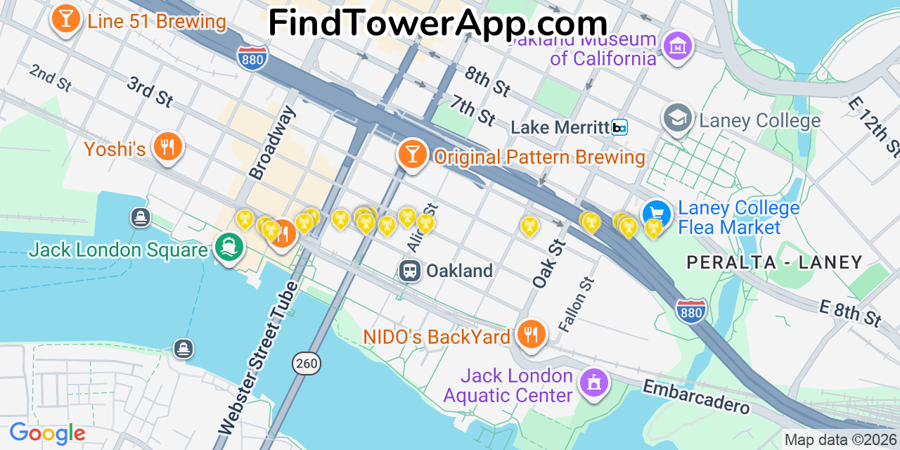 Map showing the 20 primary cell tower locations detected in Oakland, California from AT&T, Verizon, and T-Mobile networks