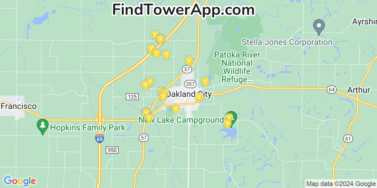 AT&T 4G/5G cell tower coverage map Oakland City, Indiana