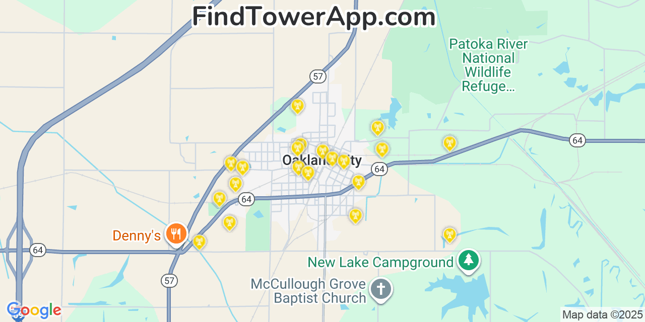 Map showing the 20 primary cell tower locations detected in Oakland City, Indiana from AT&T, Verizon, and T-Mobile networks