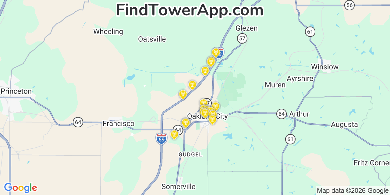 Map showing the 20 primary cell tower locations detected in Oakland City, Indiana from AT&T, Verizon, and T-Mobile networks